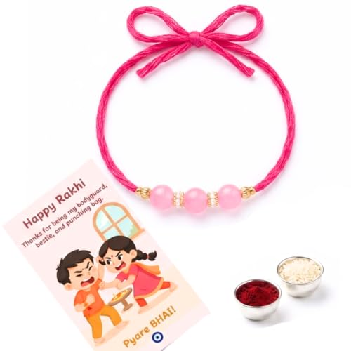 Image of Pink Beaded Rakhi for Brother with Greeting Card, Roli Chawal | Premium Pearl Stone Designer Rakhi | Raksha Bandhan Gift for Brother