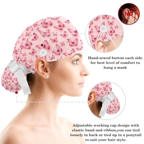 Image of Colored Butterflies Scrub Caps Women Ponytail, Adjustable Bouffant Surgical Caps with Button, Nurse Hats Long Hair