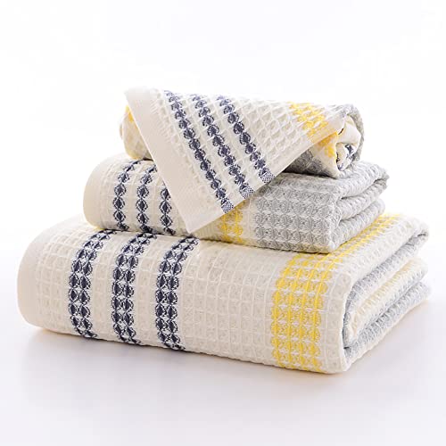 Thin Waffle Towel For Bathroom 100% Cotton Quick Drying Yellow Grey Black Striped 1 Bath Towels 1 Hand Towels 1 Washcloths For Face Body Light Weight Ultra Soft Highly Absorbent Adult Travel Towel Set #TOP6