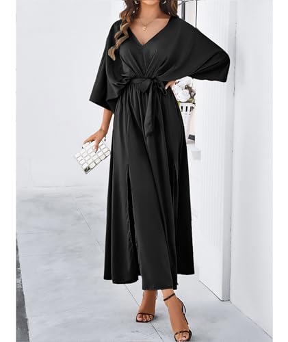 Image of SEMATOMALA Women's Satin Batwing Sleeve Cocktail Evening A Line Long Dress V Neck Ruched Loose Maxi Dress