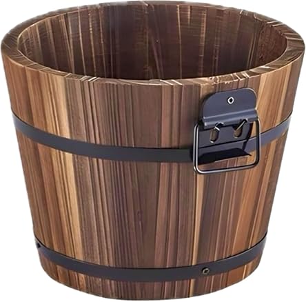 zeeyrak Wooden Barrel Planters Set of 2 – Rustic Flower Pots with Drainage Holes, Indoor & Outdoor Wooden Bucket Containers for Herbs, Small Plants, Garden & Patio (1Pc Medium)