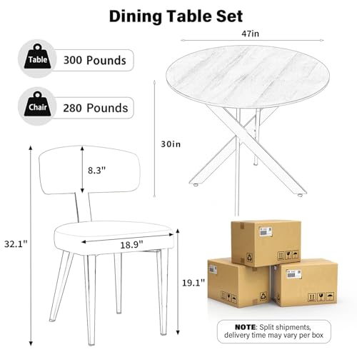 Image of Wood Dining Table Set for 4, 47 inch Round Kitchen Table with 4 Faux Leather Dining Chairs, MDF Tabletop with Metal Legs, Ergonomic Dining Chair with Metal Legs(Woodgrain Table with Brown Chairs)