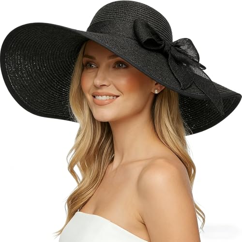 DRESHOW Women Wide Brim Bow Straw Hat Floppy Foldable Beach Sun Hat Roll up Cap UPF 50+