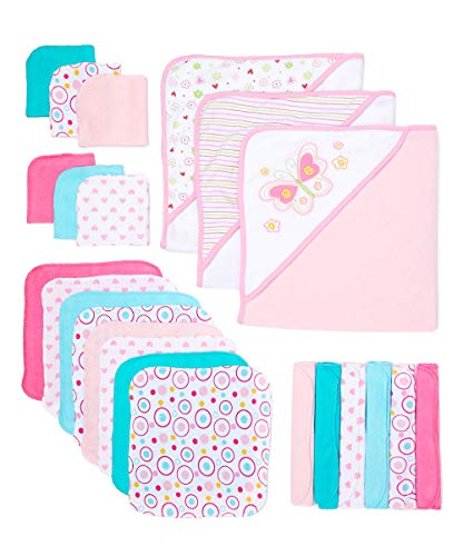 Spasilk Baby 23Piece Bath Hooded Towels & Washcloths Set for Newborn Boys & Girls, White Butterfly