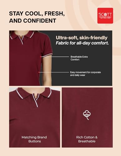 Image of Scott International Women's Cotton Polo T-Shirt | Half Sleeve Plain Collar Tee | Stylish Casual Top | Plain T-Shirt for Girls | Workwear for Office & Casual Wear