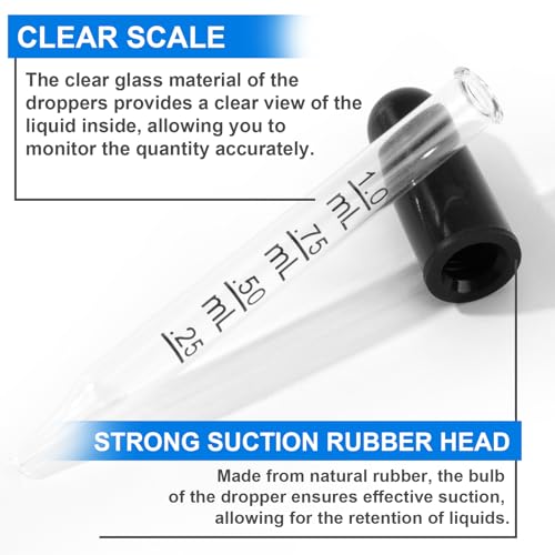 Image of 10 Pcs Eye Dropper with Durable Rubber Head, 1ml Glass Dropper, Liquid Droppers for Oils, Eye Droppers for Medicine, Precise Pipette Droppers for crafts, Essential Oil, Food