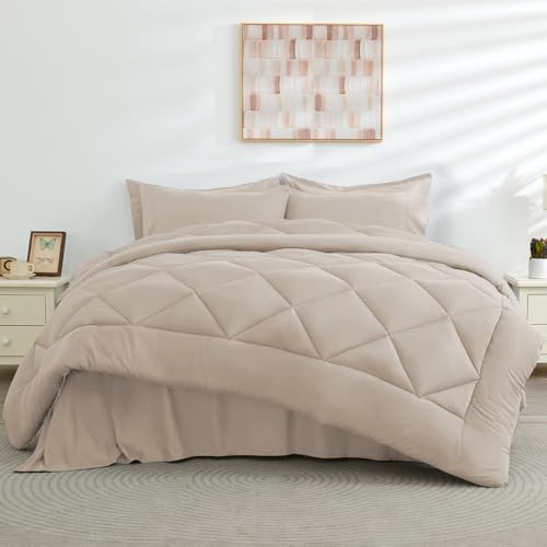 HEVUMYI Khaki Queen Comforter Set - 7-Piece All Season Bed in a Bag Queen, Ultra Soft Bedding Set with Comforter, Flat Sheet, Fitted Sheet, Pillowcases, Pillow Shams