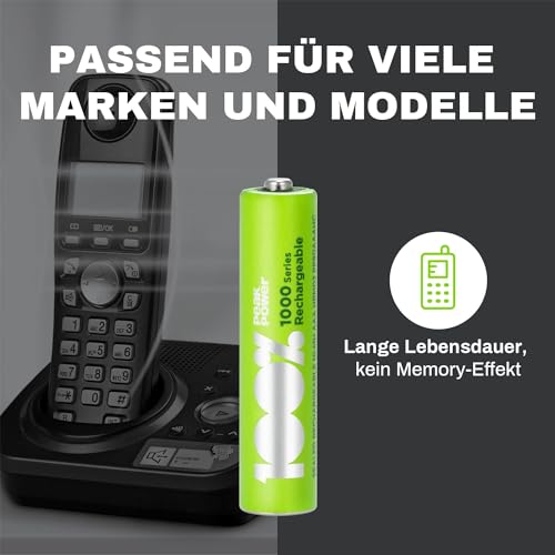 PeakPower Akku AAA für Telefon, 4 Stück Batterien AAA wiederaufladbar 1,2V, ideal für Panasonic schnurlose Telefone etc., kein Memory-Effekt, geringe Selbstentladung, AAA Akku Phone 800mAh