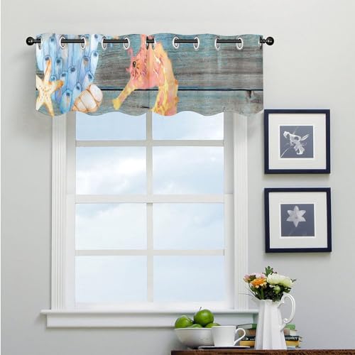 Cortinas vintage con cenefa de caballito de mar coral para ventanas de cocina y playa 4
