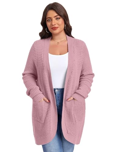 Image of LARACE Long Cardigans for Women Plus Size Tops Open Front Sweaters with Pockets Waffle Ribbed Sleeve Loose Fall Outwear
