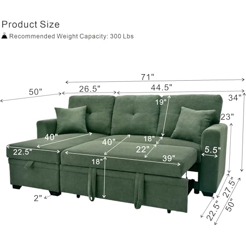 Image of KEIKI 71 inch Sectional L Shaped Pull Out Sofa Bed, Sleeper Sofa with Reversible Chaise, 3 Seater Modular Sectional Sofa with Storage for Living Room, Dark Green