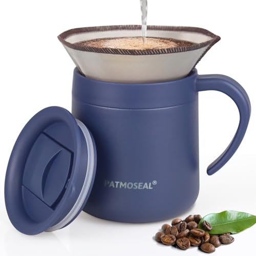 patmoseal Insulated Coffee Mug with Paperless Filter, 2-in-1 Pour Over Coffee Maker 350ml/12oz (Navy Blue)