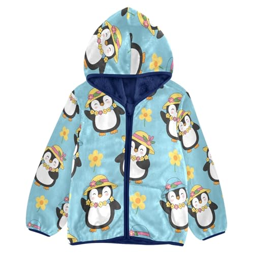 Penguin Pattern with Flowers Toddler Fleece Jacket Girl Boys Hooded Fleece Jacket Coat Warm Outwear Zip-up 3-10T