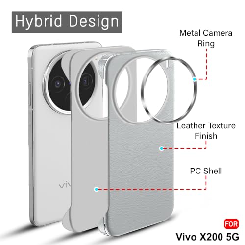 Image of TheGiftKart Hybrid Ultimate Slim Back Case Cover for Vivo X200 5G | Lightweight Profile | Hard Back Case Cover for Vivo X200 5G (PC & TPU, Metal Camera Ring, Leather Texture Finish, Grey)