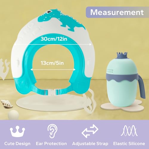 Image of FUNUPUP Baby Shower Cap for Kids, Baby Bath Shampoo Visor Cap Hair Washing Shield Adjustable, Set Blue Dinosaur