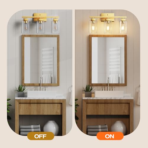 Image of PARTPHONER 3-Light Bathroom Light Fixtures, Brushed Gold Modern Vanity Lights, Bathroom Lighting Fixtures Over Mirror, Square Design Farmhouse Wall Sconces with Clear Glass Shades