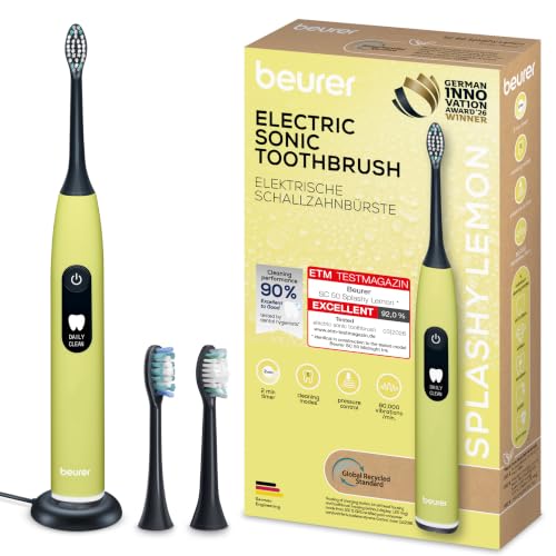 Beurer SC 50 Brosse à dents électrique sonique avec 5 modes de brossage et capteur de pression, 80 000 oscillations, écran avec indicateur de temps de brossage, 2 brossettes, boîtier 100% recyclé