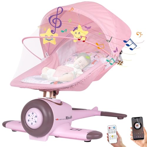 Image of Baby Swings for Infants, Remote Indoor Baby Swing to Toddler for Newborn, Portable Baby Bouncer and Rocker for Babies Boys Girls 0-6 Months with 4 Speeds, Bluetooth Music, 4-Speed Timer (Pink)