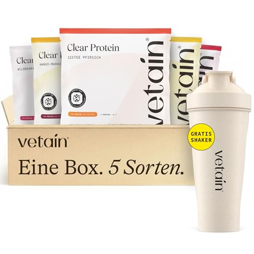 VETAIN Clear Protein Vegan Probierpaket + GRATIS Shaker - 5 x 30g - 22g Protein & 98 kcal pro Portion - Ohne Allergenen & Sucralose - erfrischend & leicht löslich - produziert in Deutschland