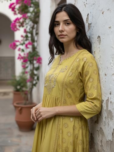 Image of rangita Mustard Poly Viscose Anarkali Embroidered Calf Length Kurta