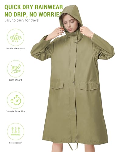Image of Venzina Raincoat for Women High Waterproof Hooded Rain Jacket Zip-up Rain Coat Knee-length Lightweight Rainwear with Storage Pouch, Stylish A-line Poncho for Camping, Commutes, Travel