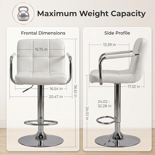 Image of HealSmart Bar Stools Set of 2, Adjustable Swivel Bar Chairs with Cushioned Armrests & Ergonomic Backrest, Water-Resistant PU Leather for Kitchen Island Counter Pub Dining Room, White