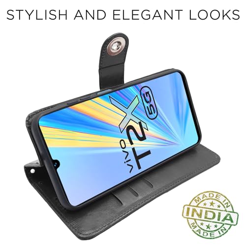 Image of Pikkme Vivo T2X / Y16 / Y56 5G Flip Cover Leather Finish | Inside TPU with Card Pockets | Wallet Stand and Shock Proof | Complete Protection Button Flip Case (Black)