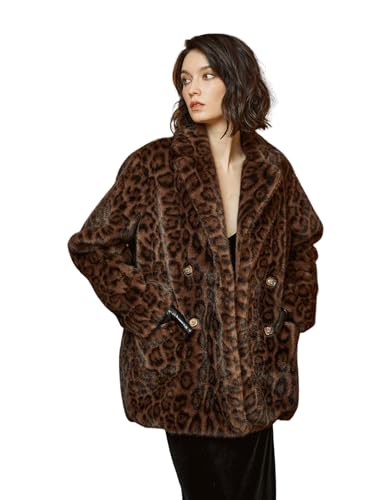 BEAUTELICATE Women Leopard Print Fleece Coat Loose Fur Coat with Pockets Lapel Faux Fur With Satin Lining3