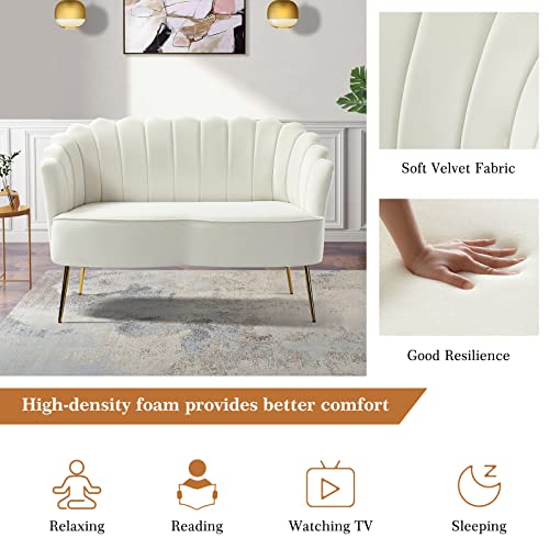 Hulala Home Velvet Loveseat Sofa With Gold Legs, Modern 2-Seater Sofa For Living Room Bedroom, Comfy Upholstered Small Love Seat Couch, Flower Shaped Back, Ivory #TOP4