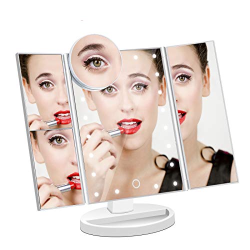 Lighted Makeup Mirror with 21 LEDs - Vanity Mirror with Lights - 10X/3X/2X Magnification and Touch Screen - 180 Degree Rotation - Cosmetic Make Up Trifold Table Light Up Mirrors for Travel