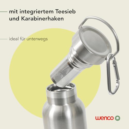 wenco Trinkflasche Edelstahl 1l / 1000ml isoliert und auslaufsicher für kalte und heiße Getränke auch als Thermoskanne verwendbar – mit Teesieb – BPA frei – silber