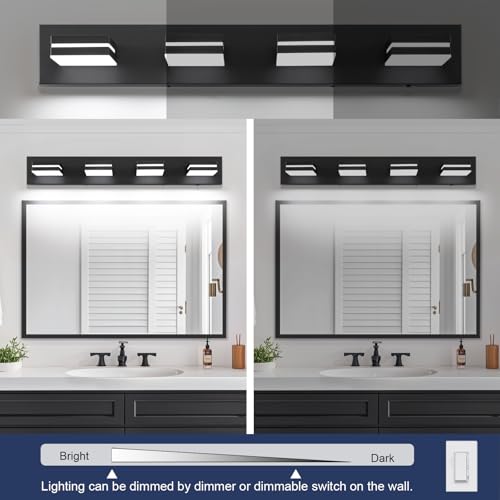 Image of Bathroom Vanity Lighting Fixtures Over Mirror (4-Light, 30-Inch) Dimmable Modern LED Bathroom Wall Lighting Fixtures, Matte Black (3000K /3500K /4000K /5000K /6000K)