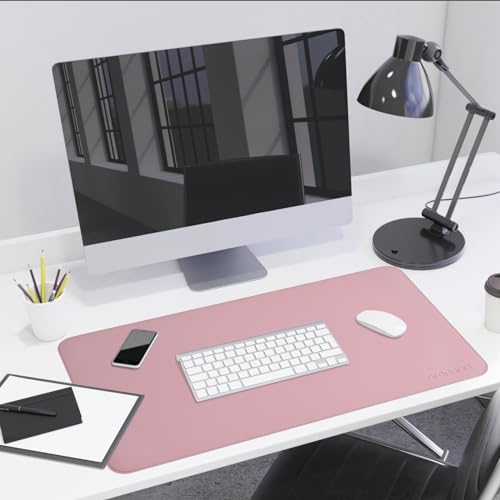 Image of AROPANA Vegan Leather Desk Mat | Large Reversible Mouse Pad & Computer Table Protector | Dual-Side Waterproof Extended Laptop Pad with Edge-Stitched Design (70x35CM, Purple and Pink)