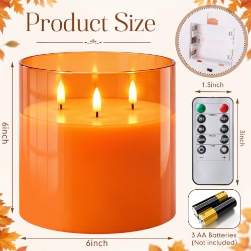 Image of Retisee 6'' x 6'' Extra Large Flameless Candles, 3 Wick Glass Large Fall Candles with Remote Control and Timer Function, Real Wax LED Pillar Flickering for Autumn Party Decor(Classic,Orange,1 Pcs)