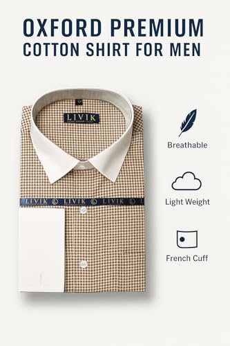 Image of Men's Premium Cotton Formal Dress Shirt - White Collar & French Cuffs with Cufflinks | Solid White, Micro Check & Striped for Office, Wedding