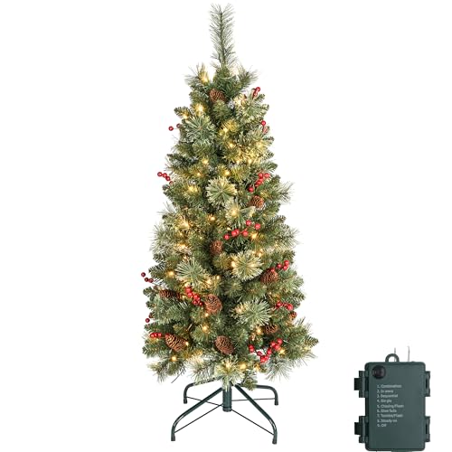 4 ft Prelit Christmas Tree with 70 LED Lights Battery Opreated, 230 Branch Tips & Metal Stand Red Berries & Pine Cone Slim Pencil Christmas Decoration Tree for Indoor and Outdoor Narrow Space
