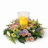 Floral Candle Holder Centerpiece for Table, Glass Hurricane with Detachable Small Floral Wreath, Farmhouse Spring Centerpiece for Dining Table, Wedding, Easter and Home Decor