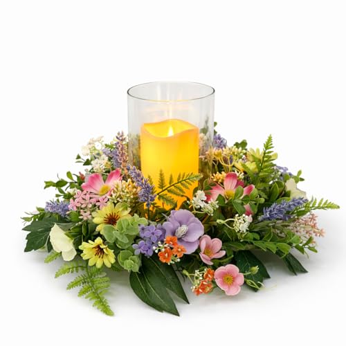 Floral Candle Holder Centerpiece for Table, Glass Hurricane with Detachable Small Floral Wreath, Farmhouse Spring Centerpiece for Dining Table, Wedding, Easter and Home Decor