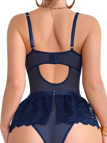 Image of Foxiny Sexy Lingerie Set 3 Piece Women Corset Bodysuit | Sheer Mesh Lace Push-Up Underwire Heart Garter Stocking Plus Size Curvy Exotic Costume Halloween Christmas Valentine's Day
