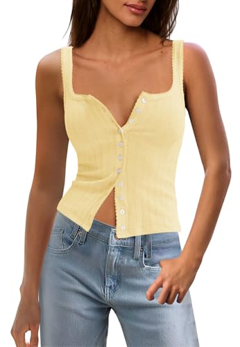 Panadila Womens Ribbed Square Neck Tank Top Summer Button Down Tanks Sleeveless Knit Tops Going Out Outfits