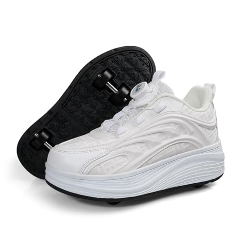 Surwin Ajustable Zapatillas con Ruedas Niña,2 En 1 Zapatillas con Ruedas,Zapatos con Ruedas Retráctiles,Aire Libre Patines Zapatillas Niños Niñas,30-40 EU Zapatillas Niño/Adolescentes (Blanco,34)