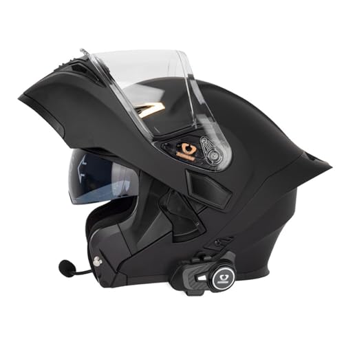 RYDZCLH Casque De Moto Modulaire Bluetooth avec Queue, Homologué Dot, Intégral Rabattable, Anti-Buée Intégré, Double Visière, Microphone Haut-Parleur Intégré,Noir,L 59~60cm