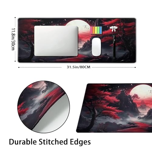 Image of Black Red Japanese Mouse Pad XL Moon Sakura Cherry BLoosm Tree Extended Table Mat 80X30 cm Non-Slip Rubber Base Stitched Edge Large XL Mousepad for Desk Gaming Laptop Desk Top,31.5x11.8 Inch