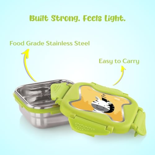 Image of STEELLOCK Smart Kids Stainless Steel Lunch Box, Leakproof & Airtight Tiffin Box for School Boys & Girls, BPA Free Food Grade with 4-Side Clip Lock | 360 ML | Green, 3D /UV Print Zebra