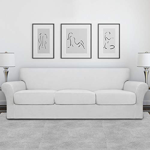 Image of Easy-Going 4 Pieces Oversized Stretch Couch Cover for Dogs Washable | Sectional Sofa Slipcover for 3 Separate Cushion Couch - Elastic Furniture Protector for Pets, Kids Snow White