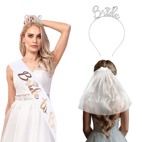 AOREAS Bachelorette Party Accessories Set 3 Piece Bride to be Sash and Headband wedding Veil for Bridal Shower Decorations To Be Gifts Wedding