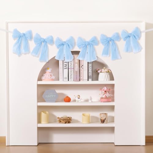 Image of MLMC Baby Blue Bow Garland Banner Handmade Cheesecloth Bow Wreath Party Hanging Decorations for Baby Shower Birthday Wedding Gender Reveal Party Decor