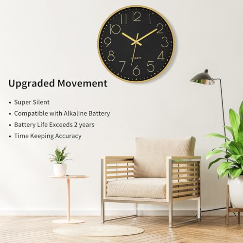 Image of Foxtop 12 inch Black Gold Wall Clock Silent Battery Operated Modern Metal Clock | Non-Ticking, Round, Analog Clock, Quartz, Easy to Read, Living Room, Bedroom, Kitchen, Office
