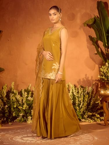 Image of FIORRA Women's Mustard Viscose Chanderi Embroidered Ethnic Straight Kurta Set with Dupatta