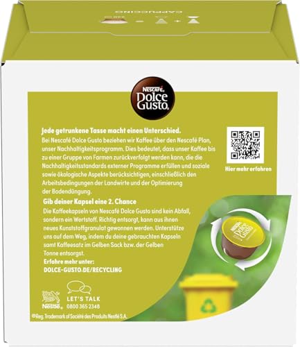 Image of Nescafe Dolce Gusto Cappuccino Coffee Capsules, Arabica & Robusta Selection, Round & Silky, 6 Cups 120g (Product Of UK) with Free Flavourito Kunafa Pistachio Chocolate Bar, 20g By Decadent Foods